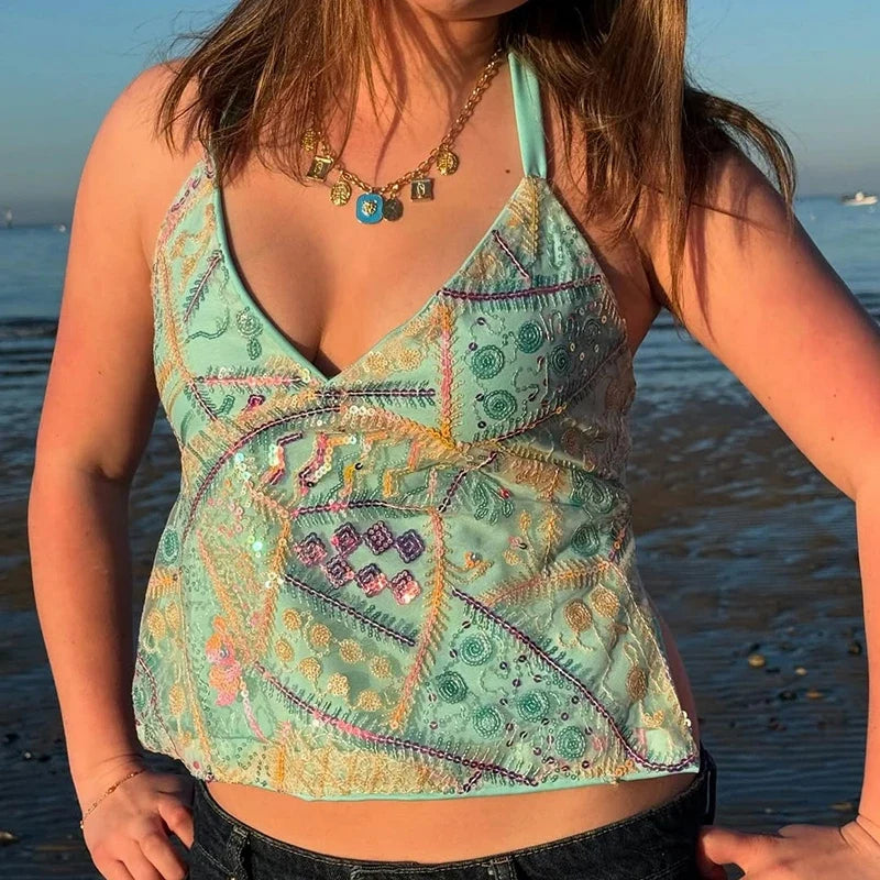 Sequin Beaded Halter Crop Top