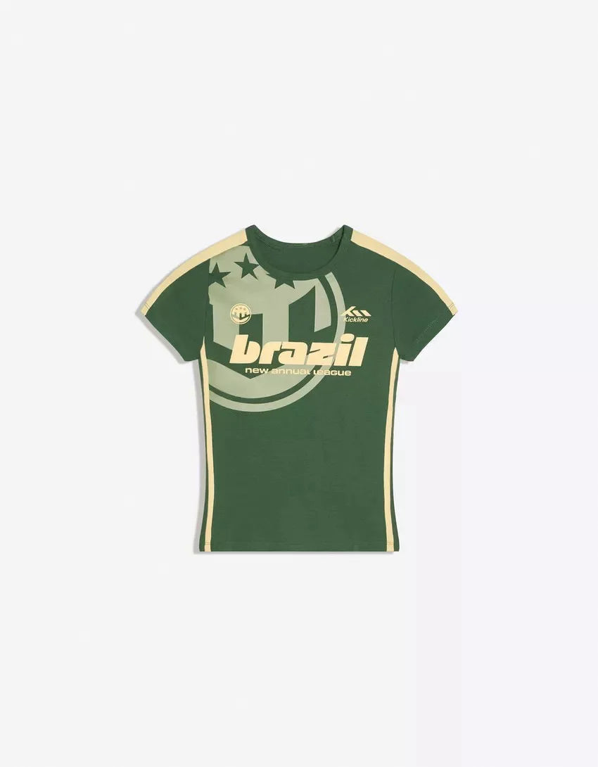 Round Neck Short Sleeve Slim Fit Cropped T-Shirt Star Letter Print Stripe Splicing Top