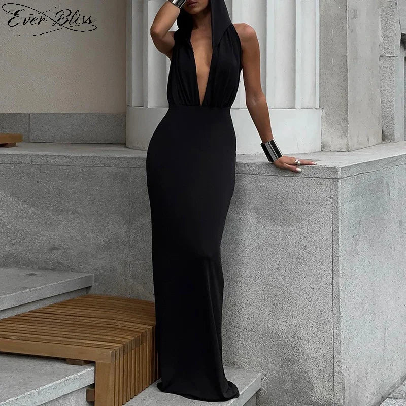 Black Hooded Deep V Neck Form-Fitting Maxi Dress