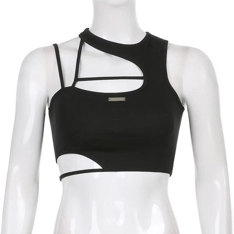 Hollow Out Black Y2K Tees Sleeveless Skinny Tops