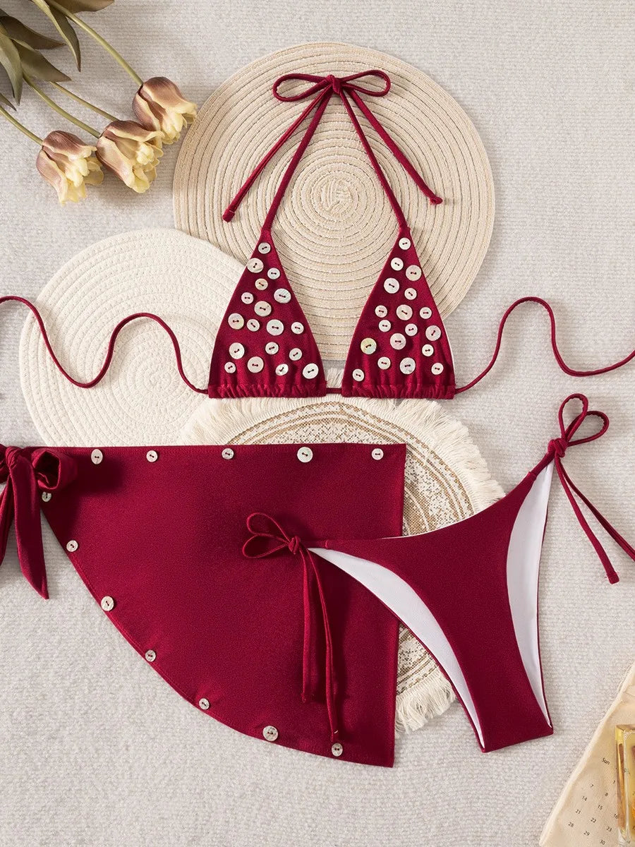 Sexy Red Button Skirt 3 Piece Bikini Set