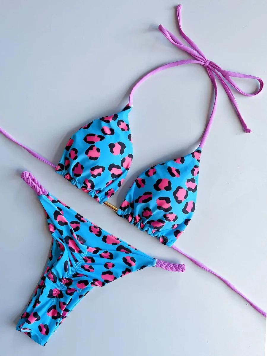 Leopard Halter Scrunch Butt Mini Micro Thong Bikini