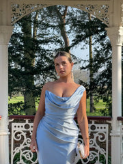 Sexy Light Blue Silky Satin One Shoulder Cowl Neck Draped Maxi Dress