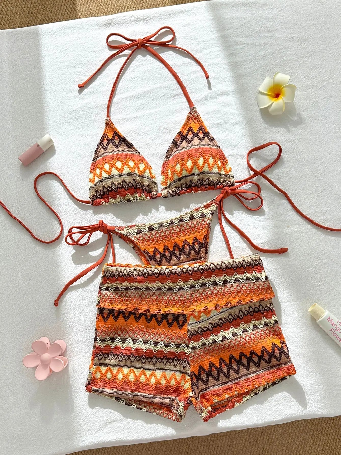 Sexy Red Striped Knitted Bikini Set