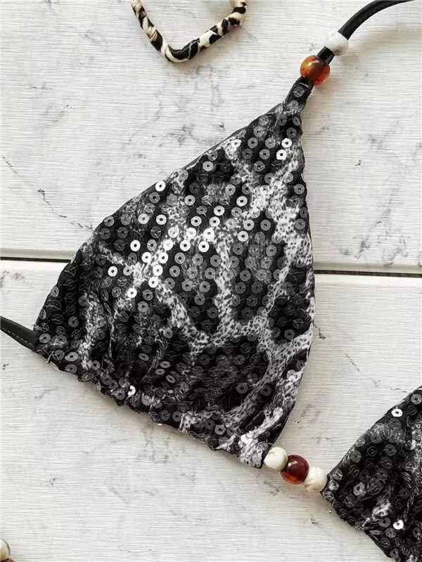 Sexy Sequin Gray Leopard Print Bikini Set