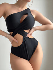 Sexy One Shoulder Swimwear Women Black Hollow Out Slimming Backless One Piece Swimsuit