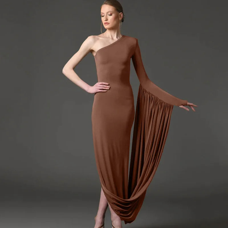 Sexy Bodycon Sloping Shoulder Long Sleeve Maxi Dress