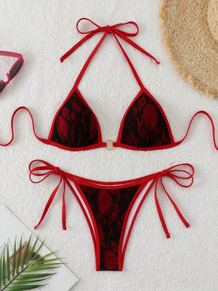Embroidery Mesh Lace Halter High Cut Bikini
