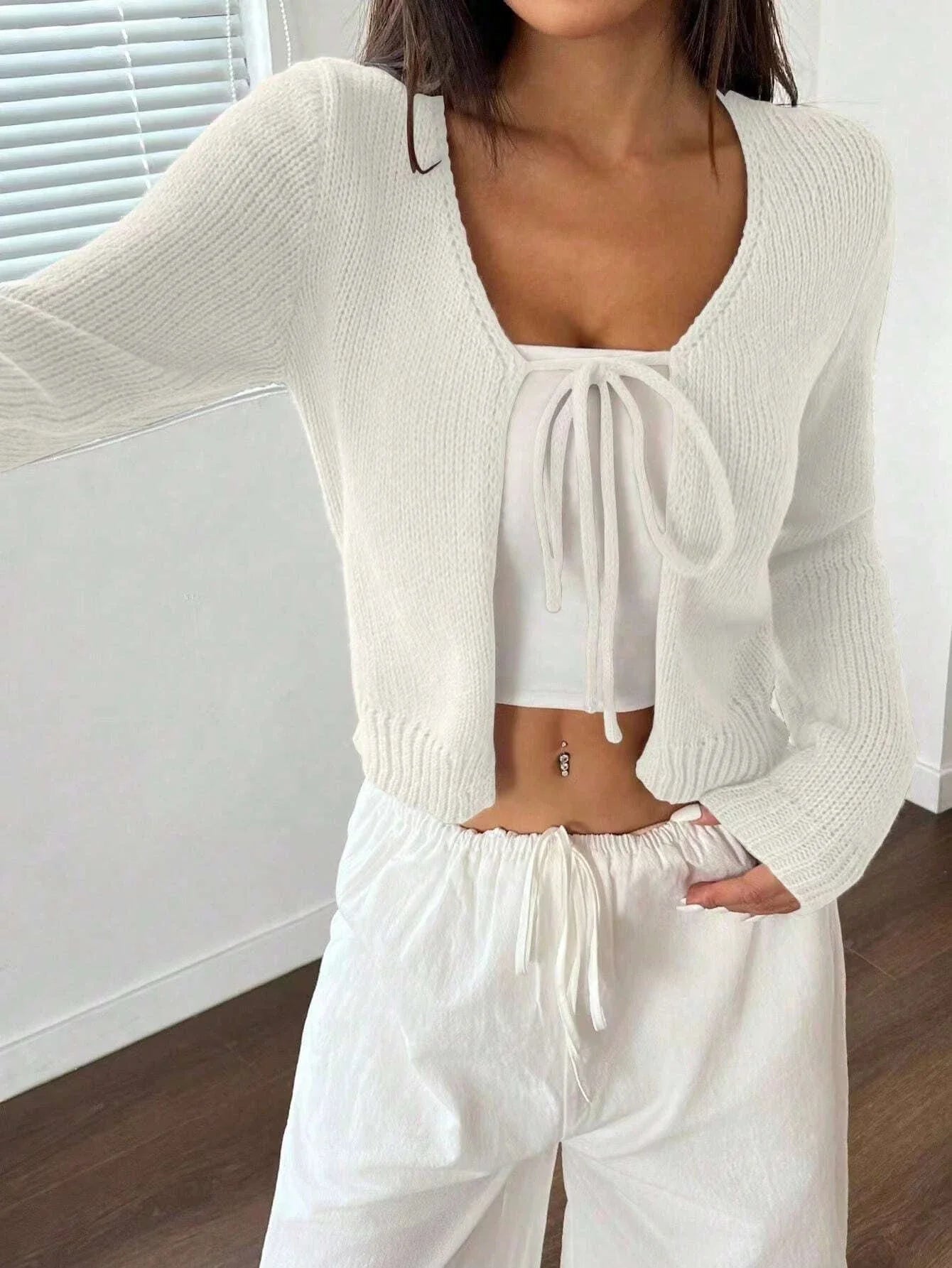 Front Strap Cropped Cardigan Rib-knit Long Sleeve