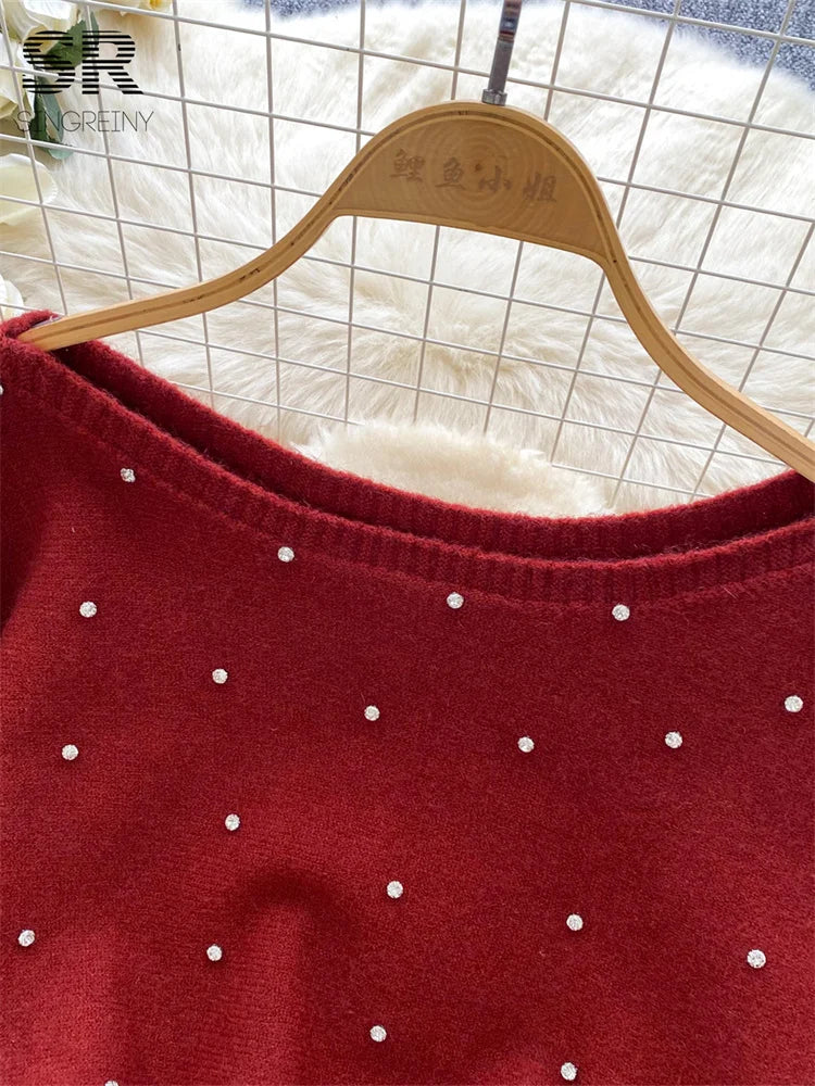 Winter Sexy Beading Knitted Dress