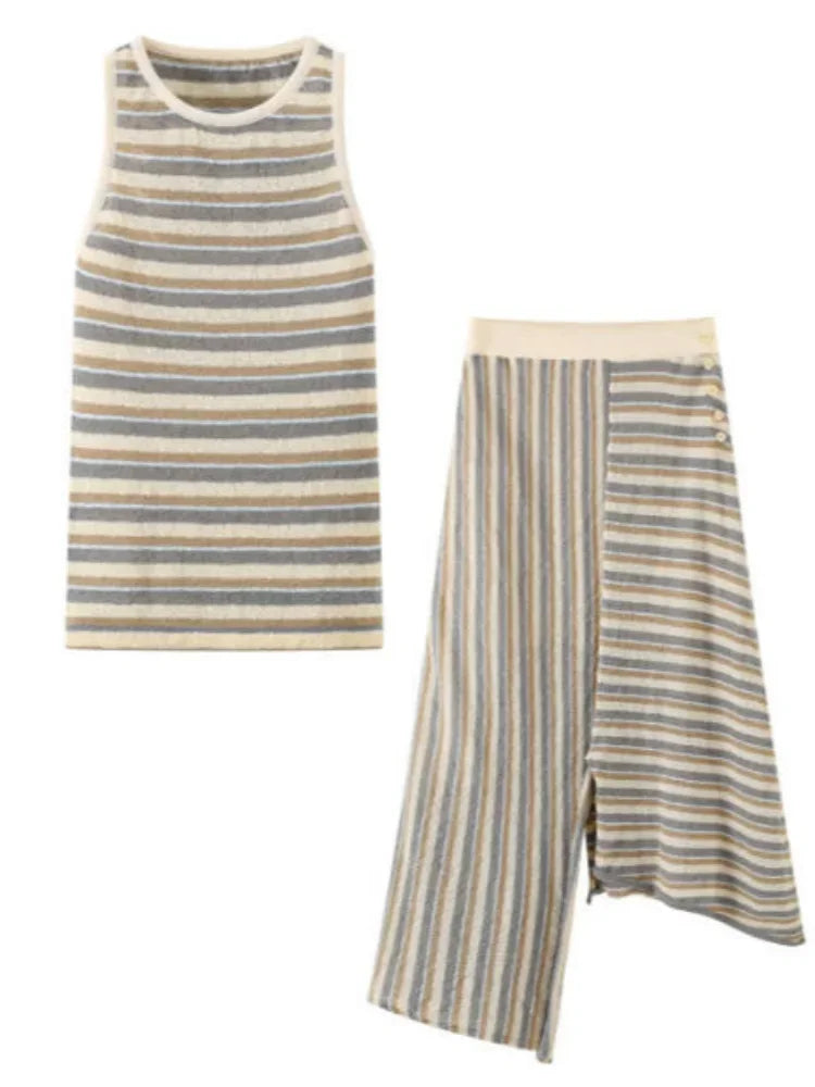 Striped Knit 2 Piece Set Sleeveless Tank Top