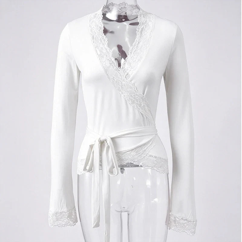 Lace Trim Wrap V Neck T-shirt