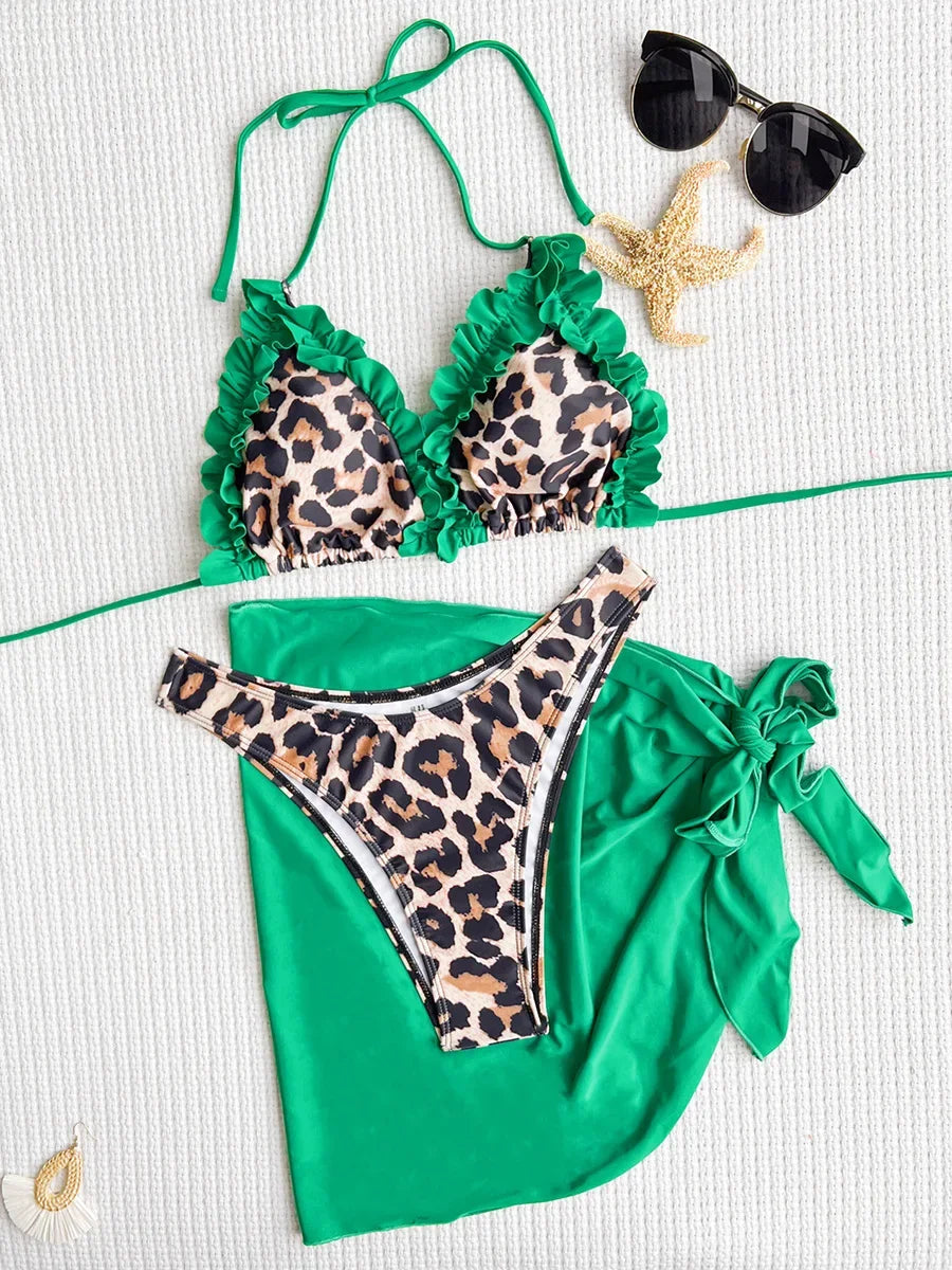 With Skirt Sarong Leopard 3D Ruffled Bikini