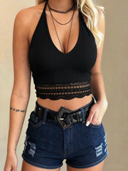 Sexy Black Halter V Neck Ribbed Crop Top
