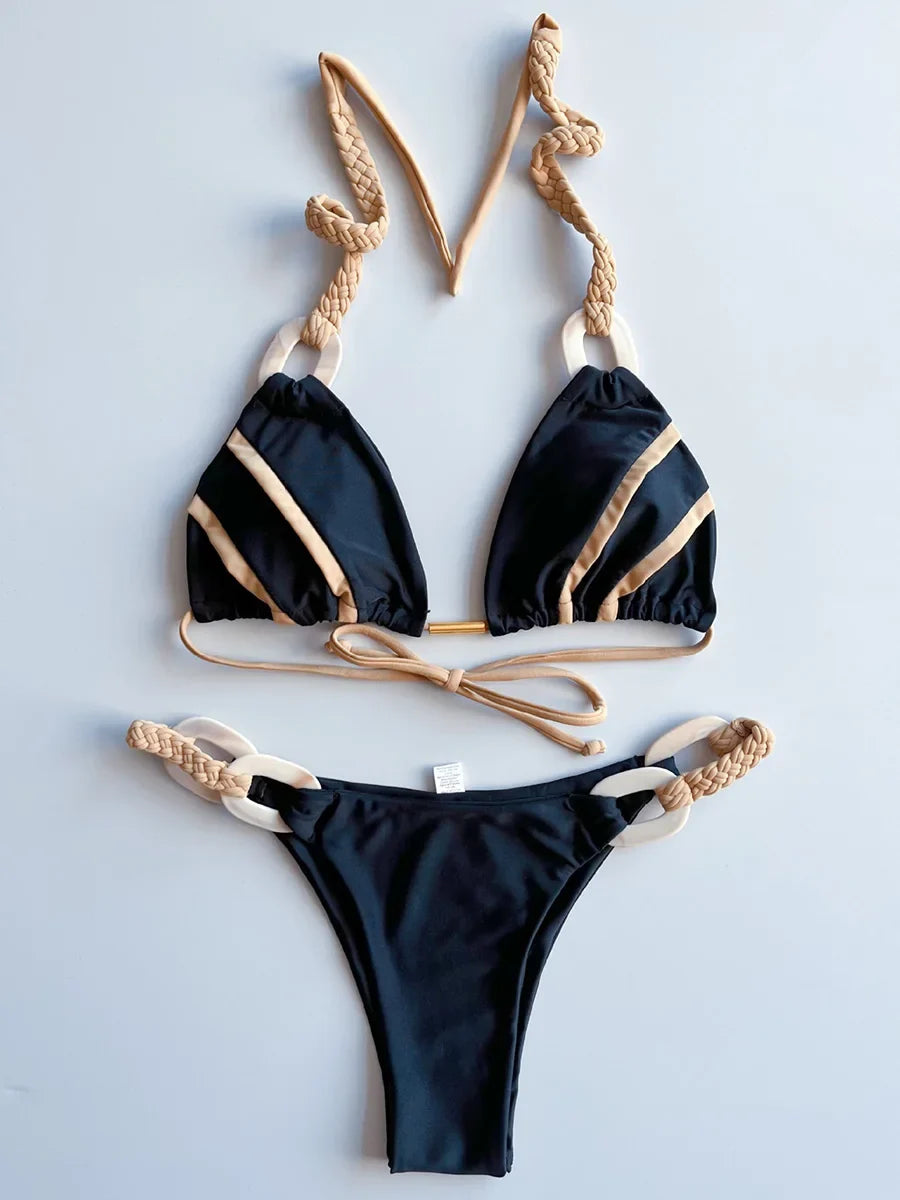 Splicing Halter Knitted Bikini