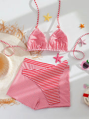 Sexy Red Striped High Waist Short 3 Piece Bikini Set