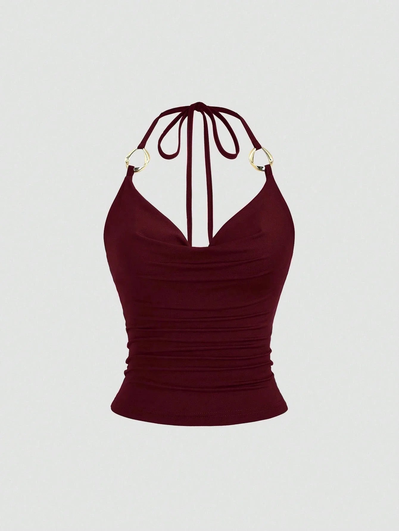 Drape V-Neck Metal Decor Slim Fit Backless Halter Neck Cami Top