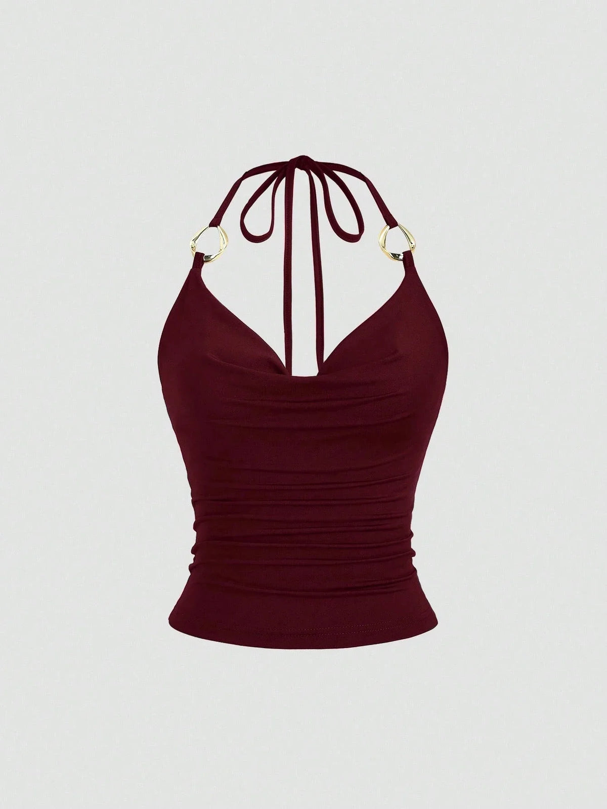 Drape V-Neck Metal Decor Slim Fit Backless Halter Neck Cami Top