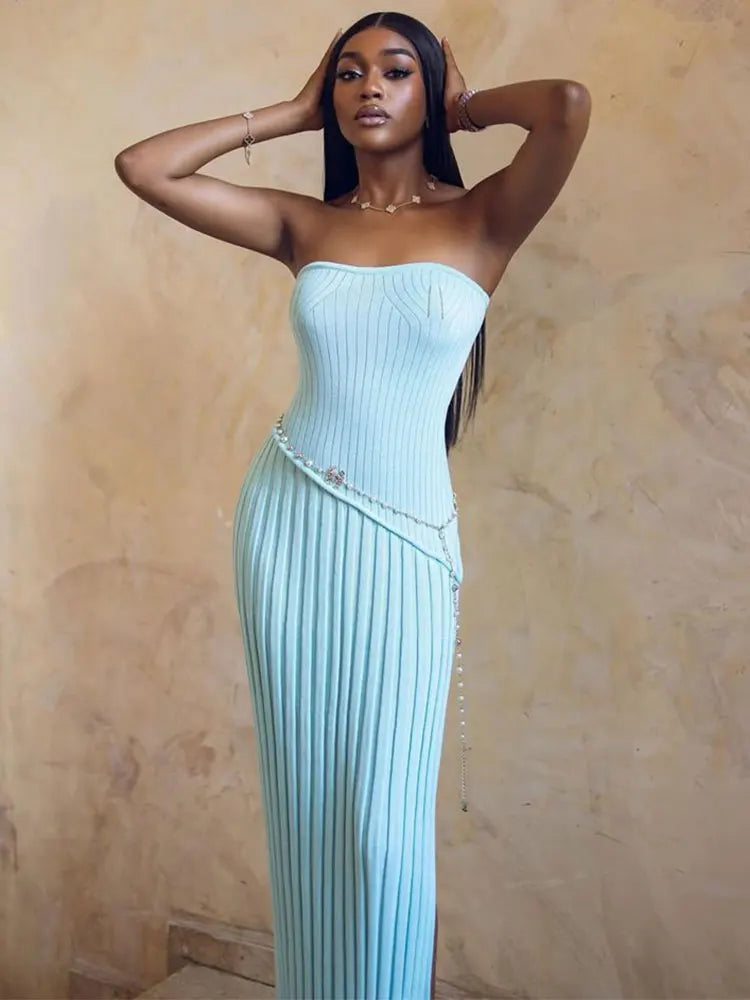 Elegant Knitted Strapless Maxi Dress