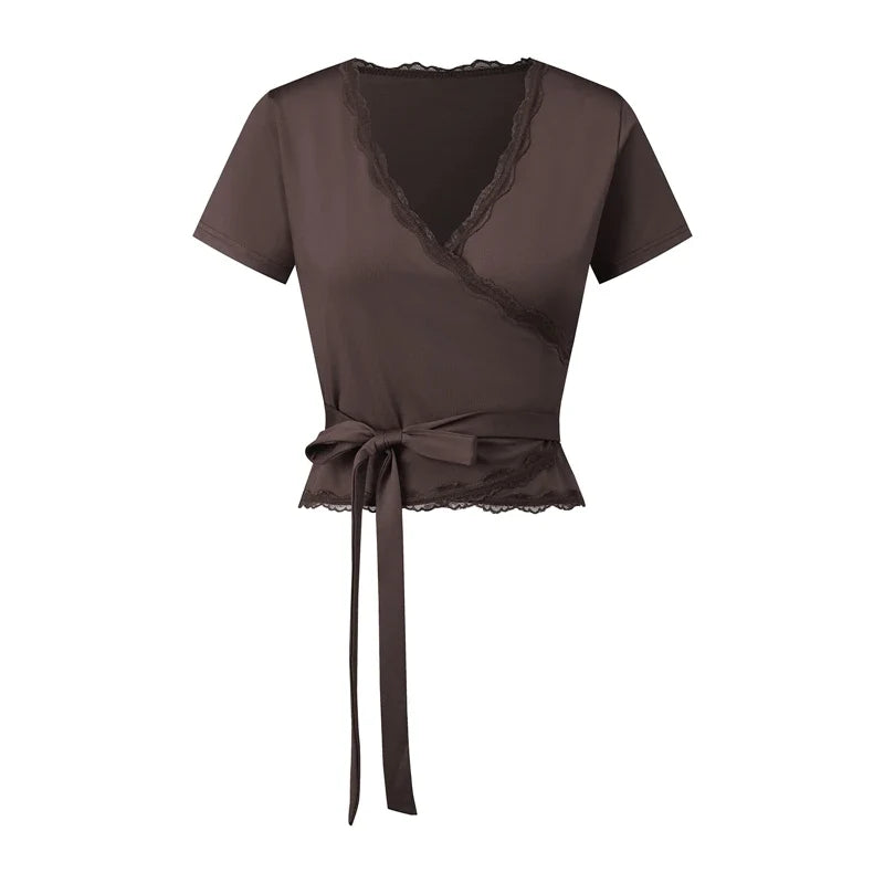 Lace Trim Wrap V Neck T-shirt Short Sleeve Self Tie Waist Slim Cropped Blouse Y2K Coquette Going Out Casual Crop Tops