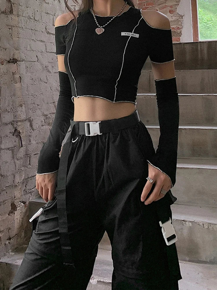 Patchwork Black T-shirts Gothic One Shoulder Sleeve Crop Tops