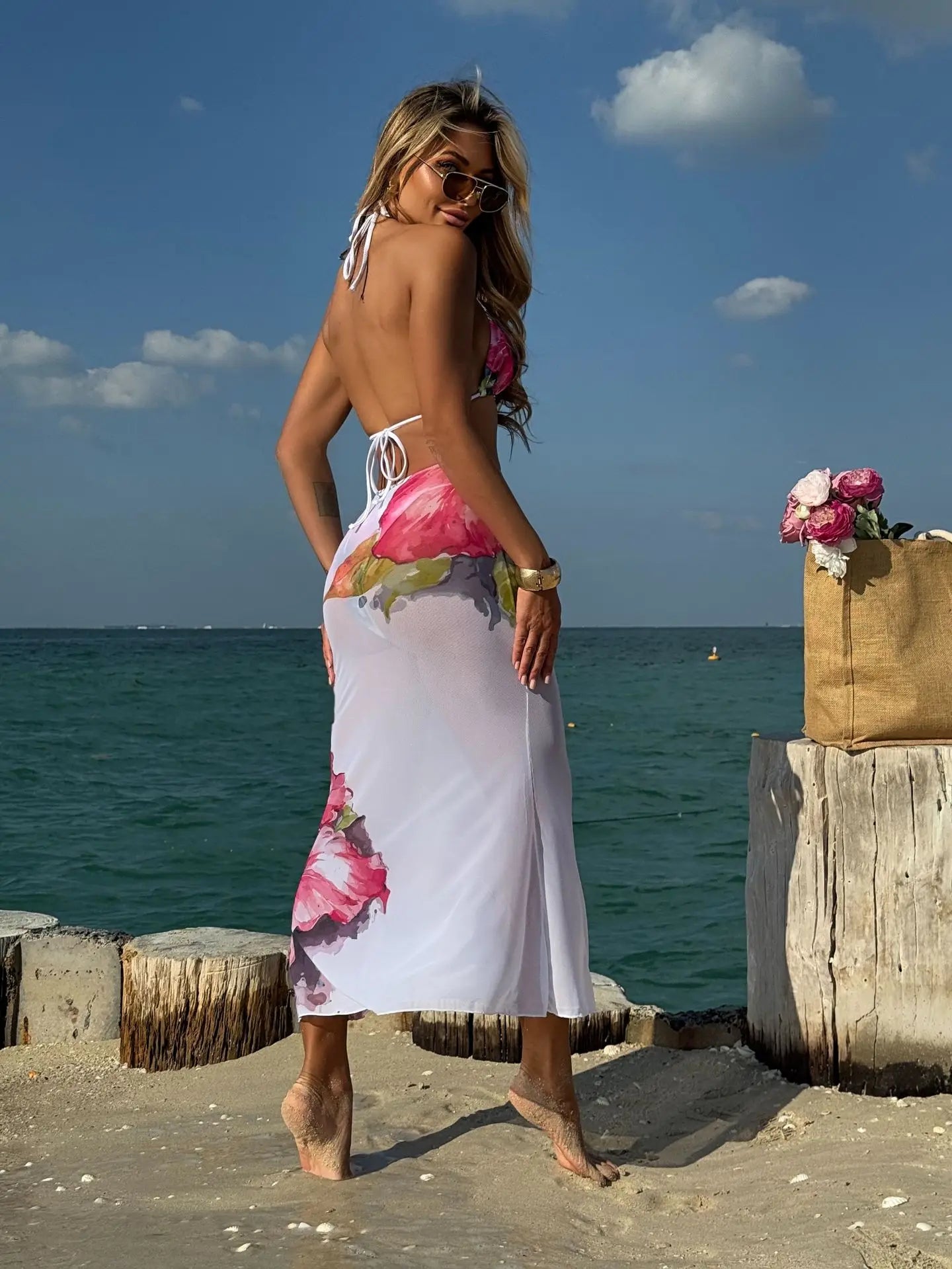 Sexy White Floral Print  Mesh Long Skirt 3 Piece Bikini