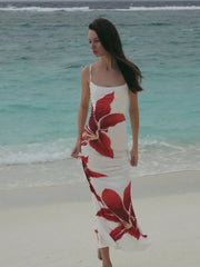 White Red Hibiscus Floral Print Spaghetti Strap Midi Dress