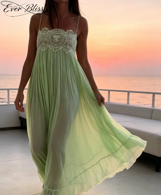 New Mint Green Lace Spaghetti Strap Maxi Dress