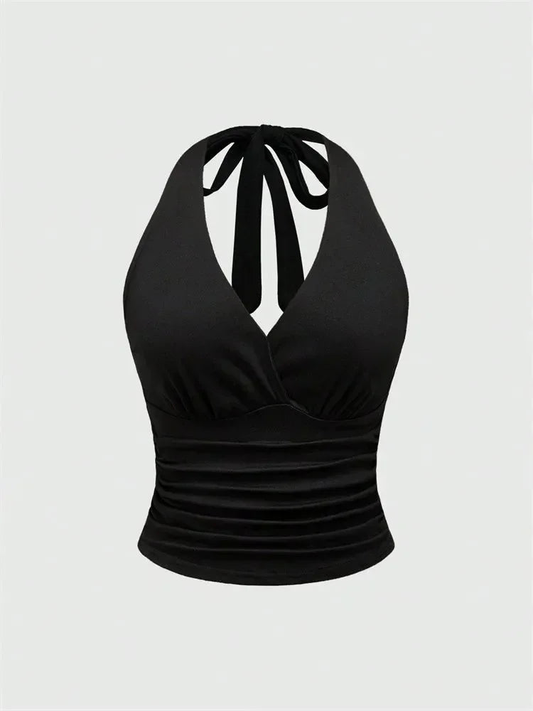 Solid V-neck Backless Halter Crop Top