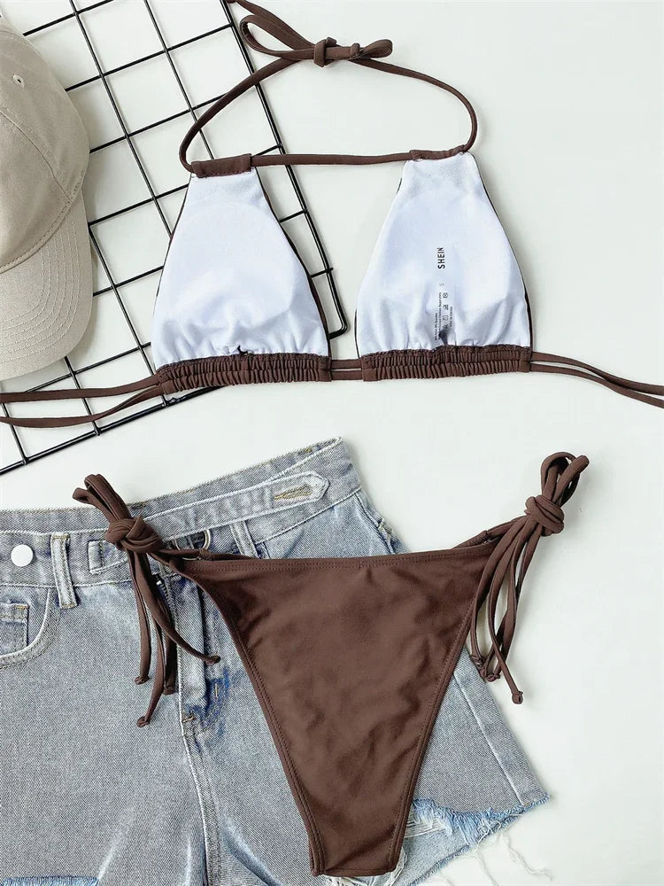 Black Brown Halter Hollow Out Push Up Micro Swimsuit