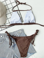 Black Brown Halter Hollow Out Push Up Micro Swimsuit