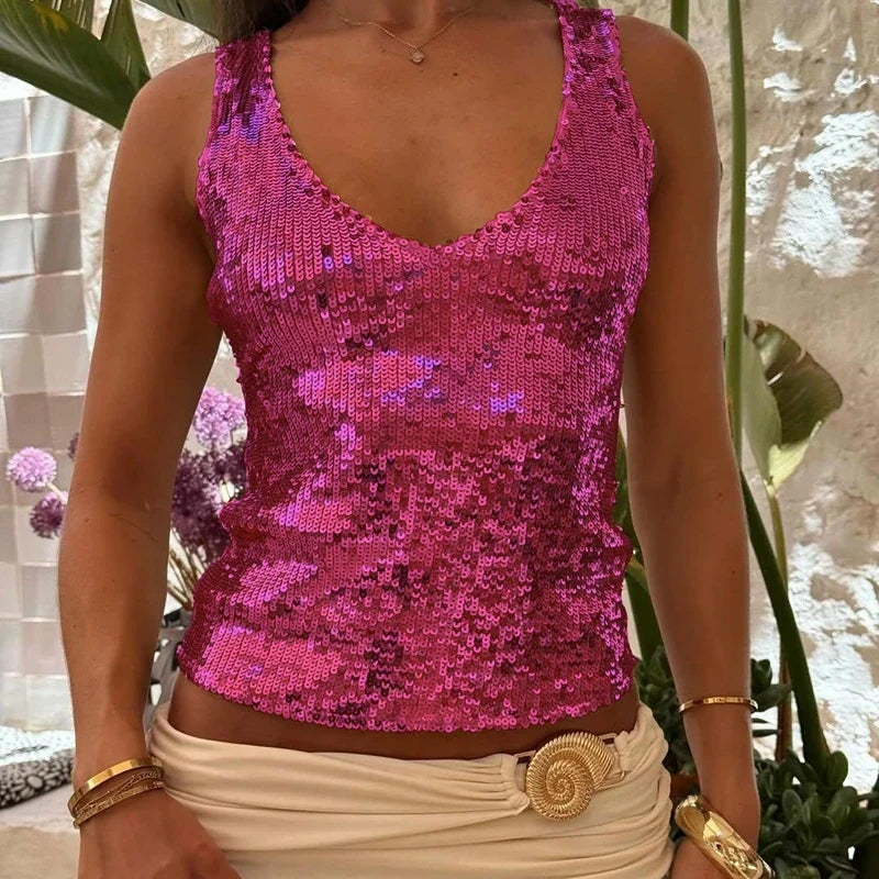 Sequin Sparkle V Neck Tank Tops