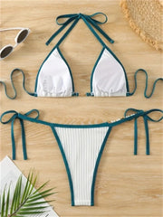 Contrast Pearl Tie Side Thong Swimsuit