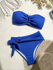 Bandeau Metal U Wire Push Up Belt High Waist Swimsuit