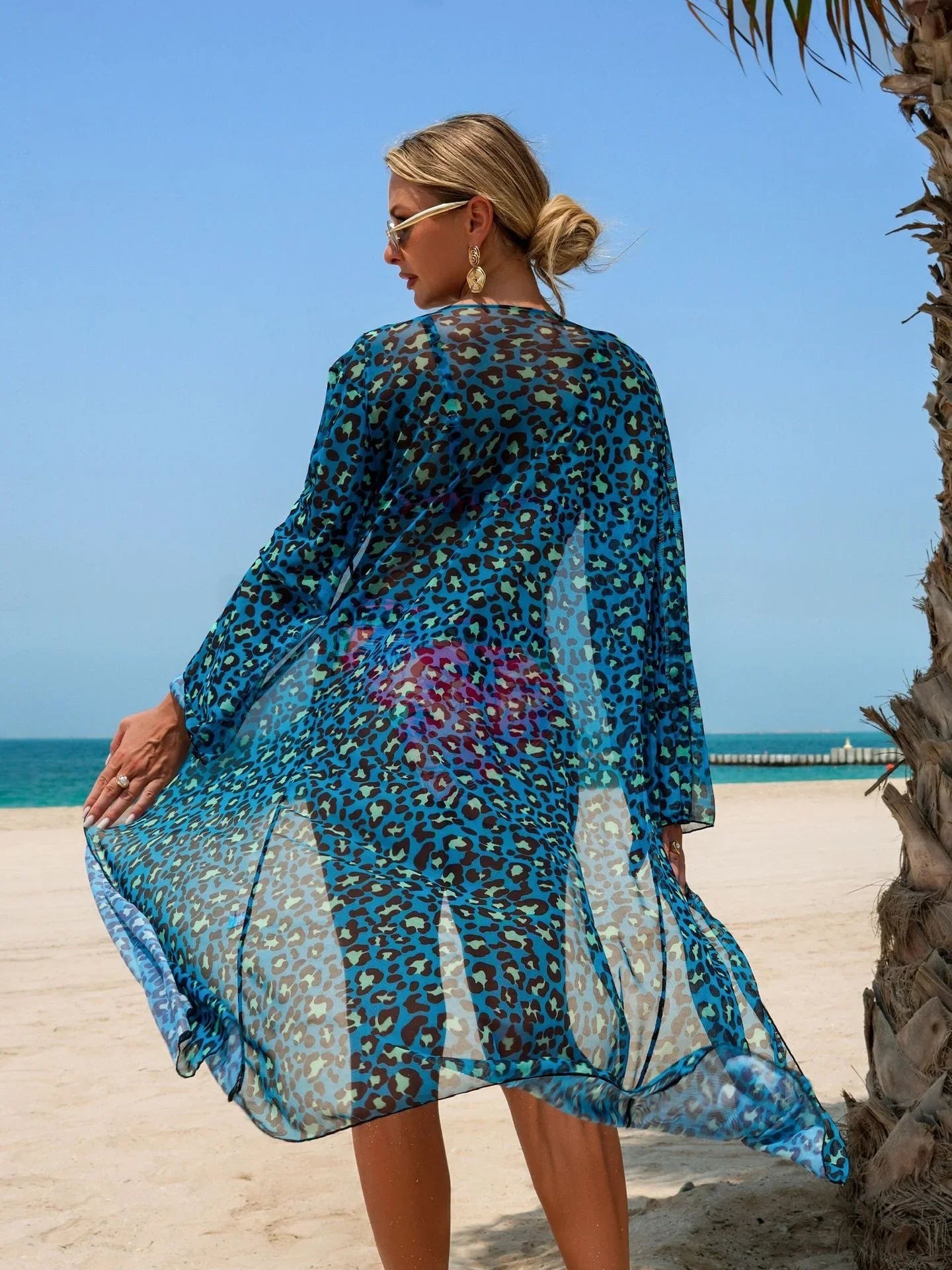 Vintage Leopard Print Long Sleeve Cover Up 3 Piece Swimsuit