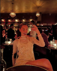 Lady Mesh Sequin Set Lightweight Sheer Long Sleeve Sun-protective Cover-up Spaghetti Strap Mini Dress