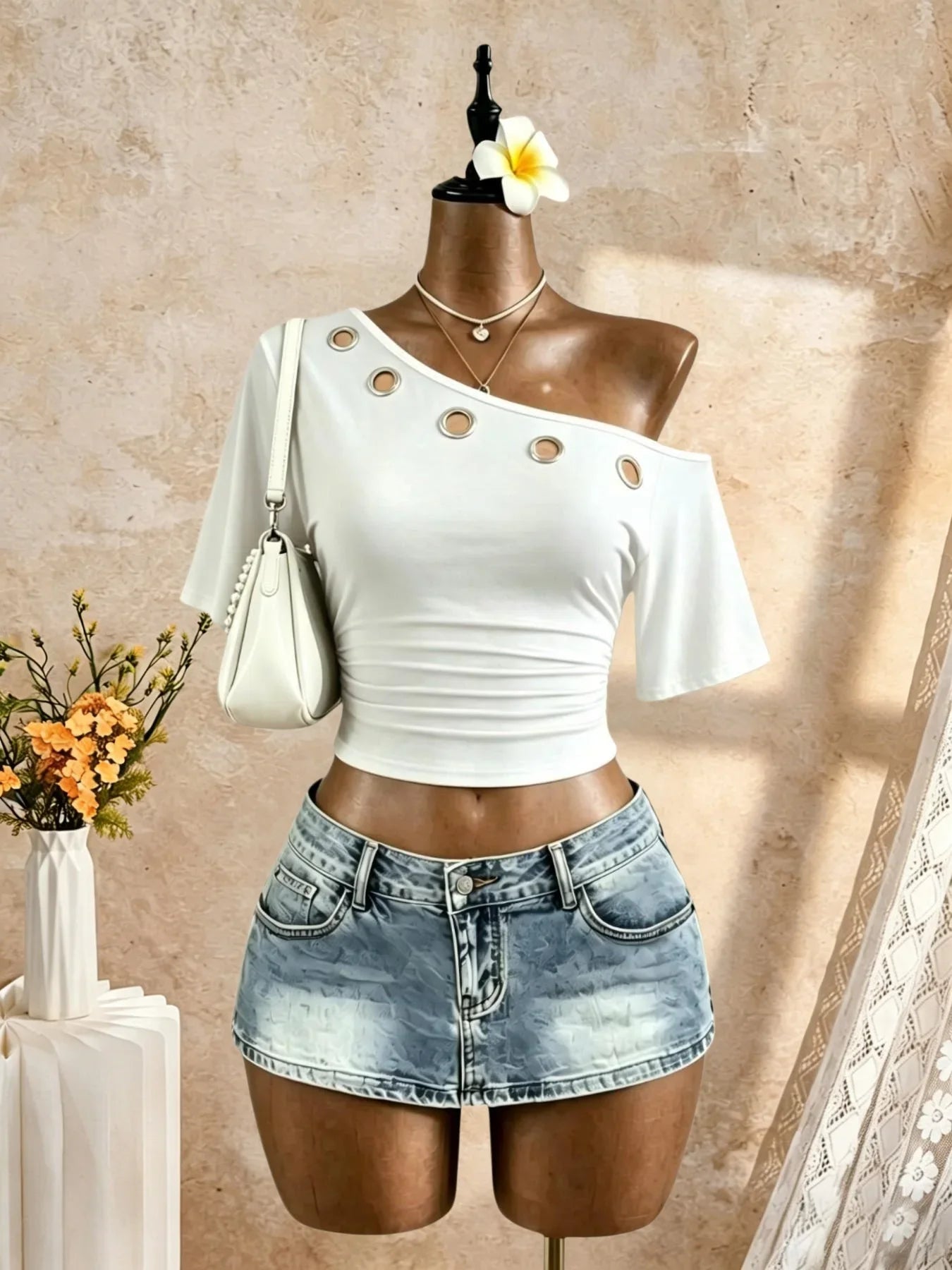 Diagonal One Shoulder Eyelet Ring Decor Short Sleeve Crop Top