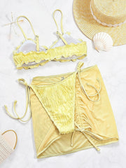 Sexy Yellow Swimwear Women Ruffles Circle Pleate Push Up Bra Thong Bikini