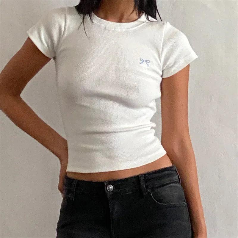 Cute Bow Embroidery Crop Top