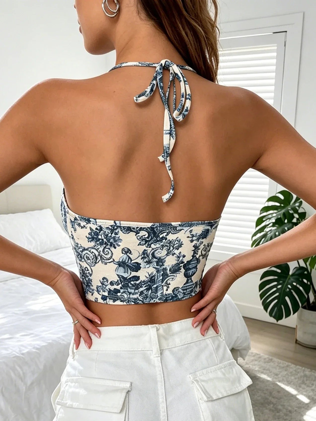 New Y2K Irregular Cut Print Halter Crop Top