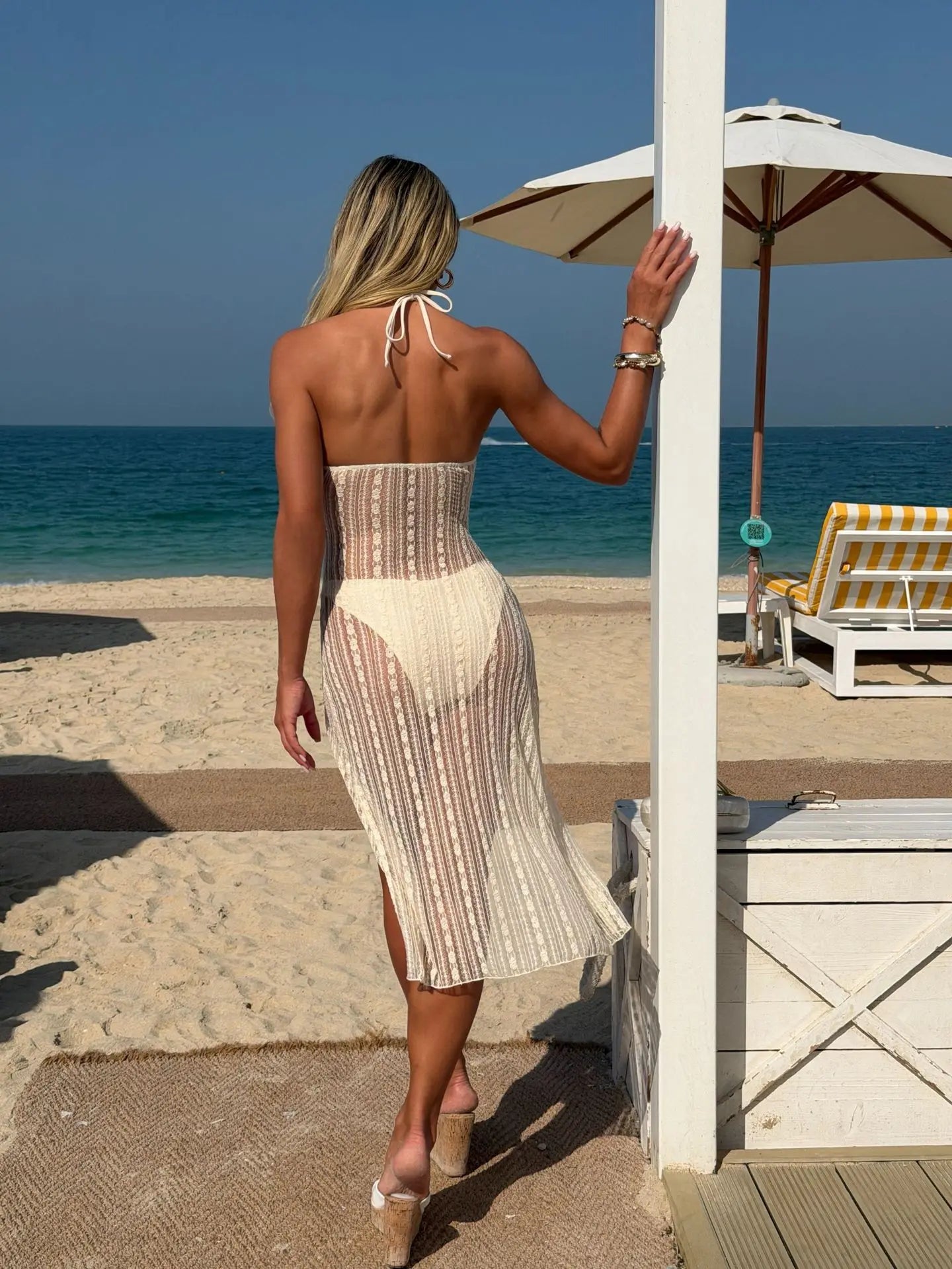 Sexy Holiday Swimwear Women Beige Hollow Out Mesh Push Up Dress High Waist Swimsuit