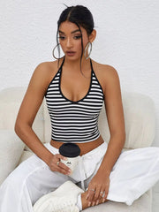 Sexy Casual Black White Stripe Halter Crop Top