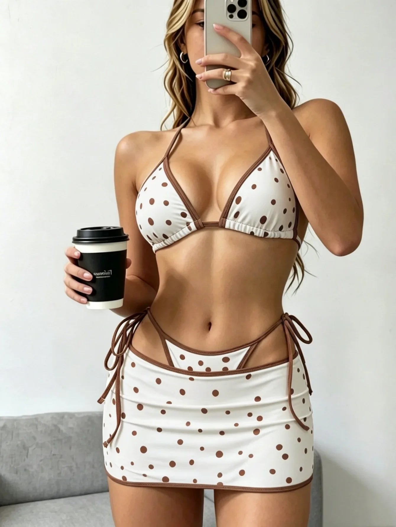Summer Brown Polka Dot Print Bikini Set