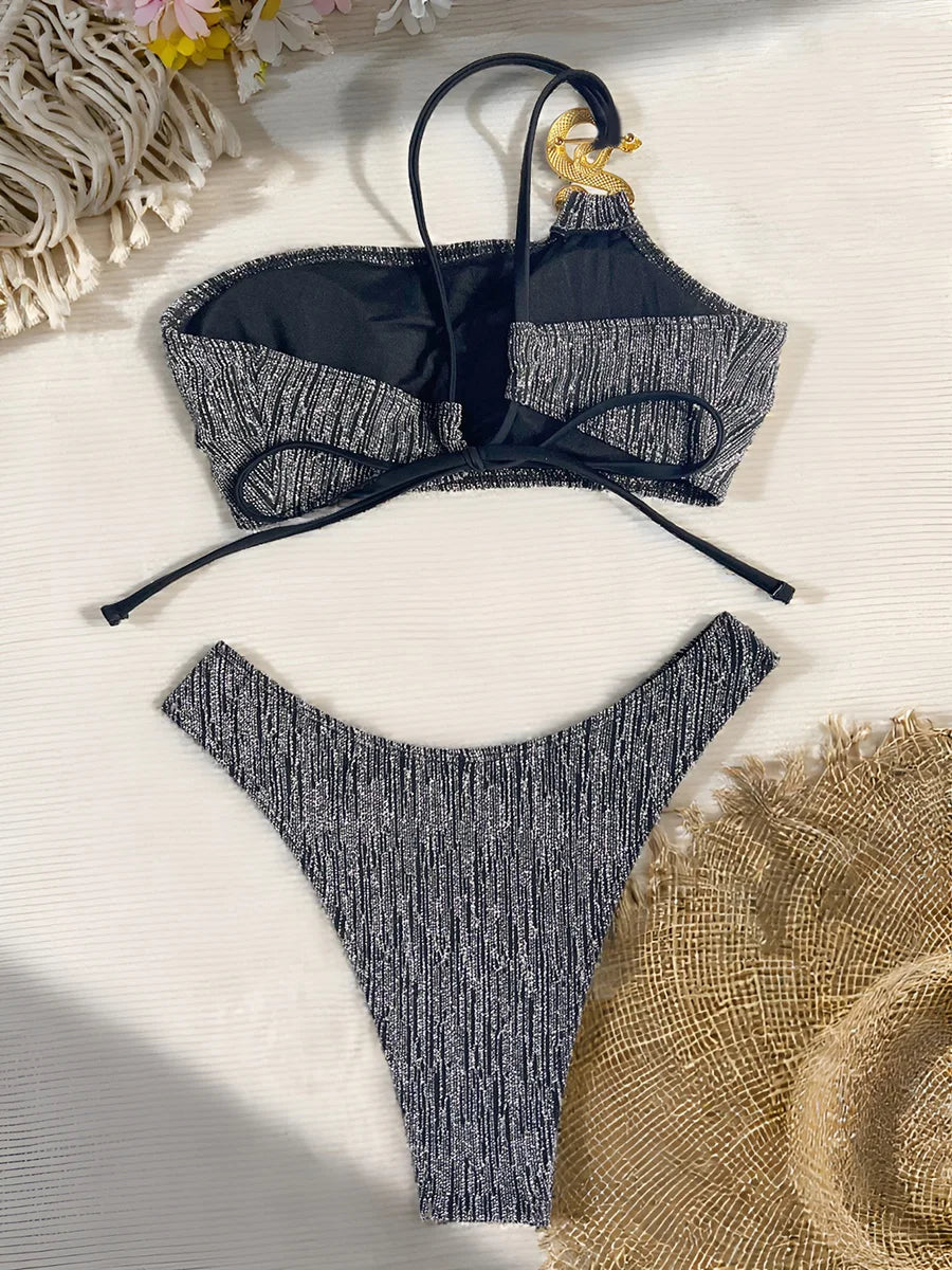 S - XL Glitter Sparkling One Shoulder Bikini