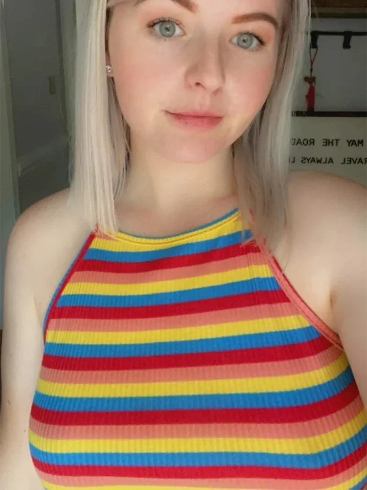 Rainbow Rib-knit Striped Halter Top