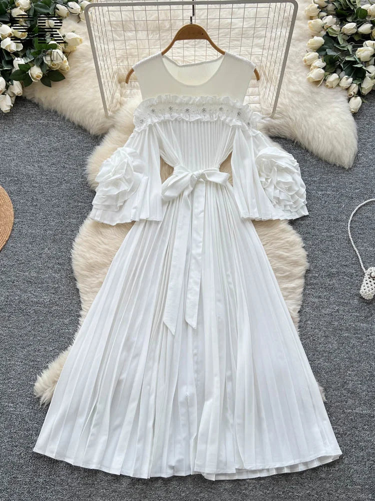 Elegant Beading Pleated Gown Female Bow Collar Flare Sleeves Hollow Out High Quality Autumn 3D Floral Maxi Party Dress