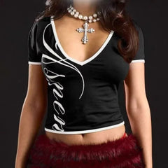 V Neck Short Sleeve Cropped T-Shirt with Letter Print Y2K Style Slim Fit Casual Streetwear Top