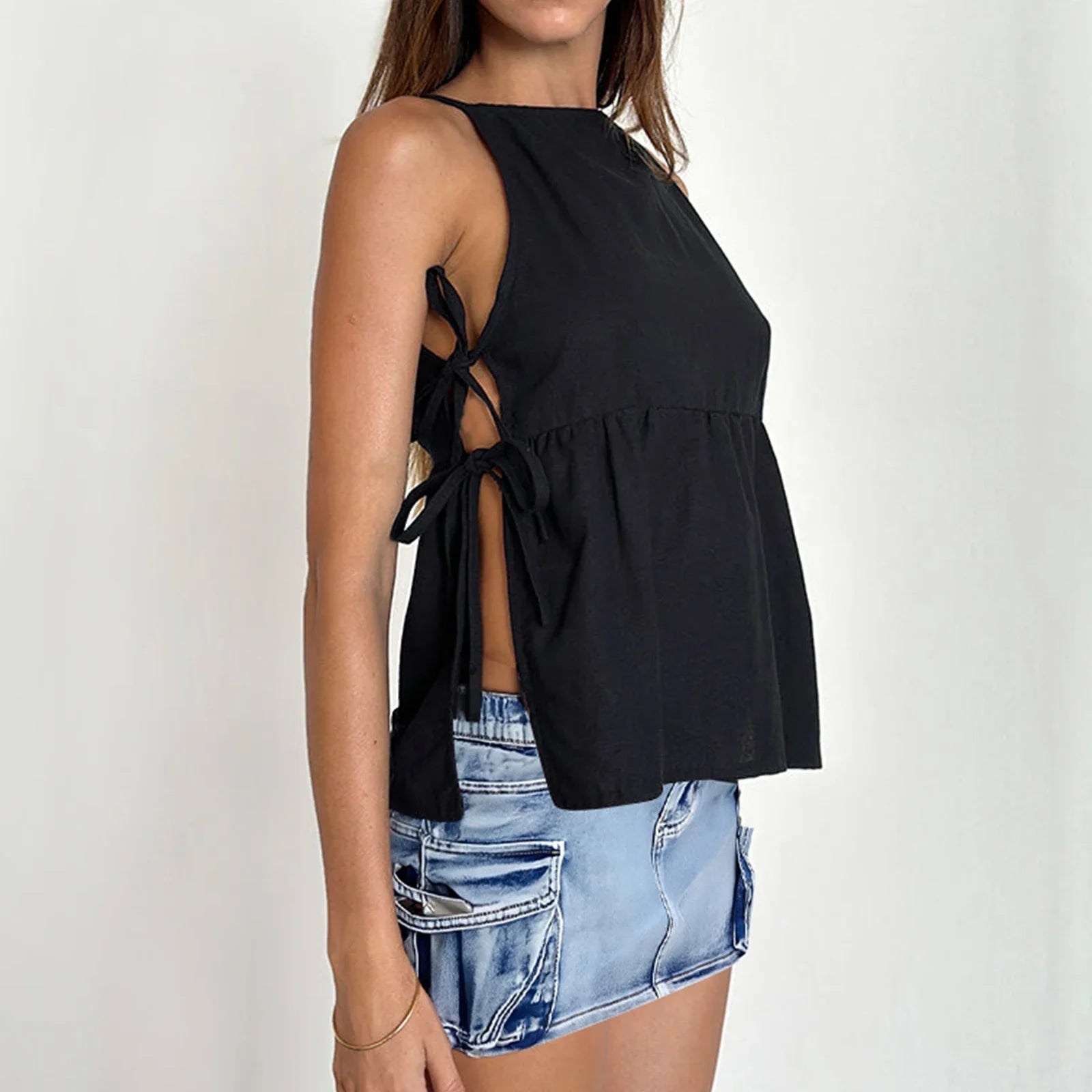 Cut Out Side Tie Up Vest Casual Loose Sleeveless Crop Top