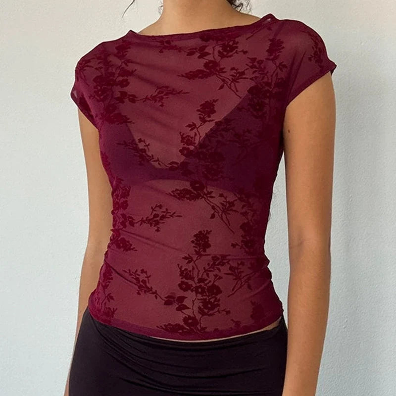 Graphic Print Coquette Mesh Sheer Crop Tops