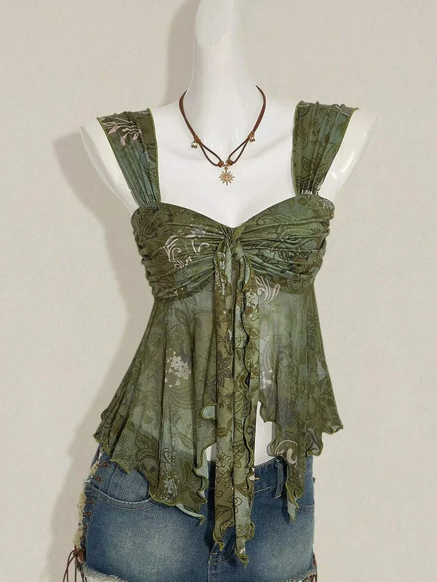 Mesh Knot Front Pleating Strap A-line Crop Top